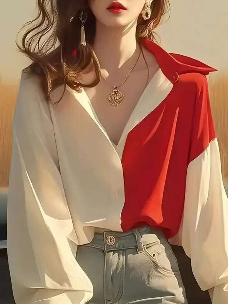 Red White Patchwork Shirts Long Sleeve - Trendy Contrast Design - Next Level