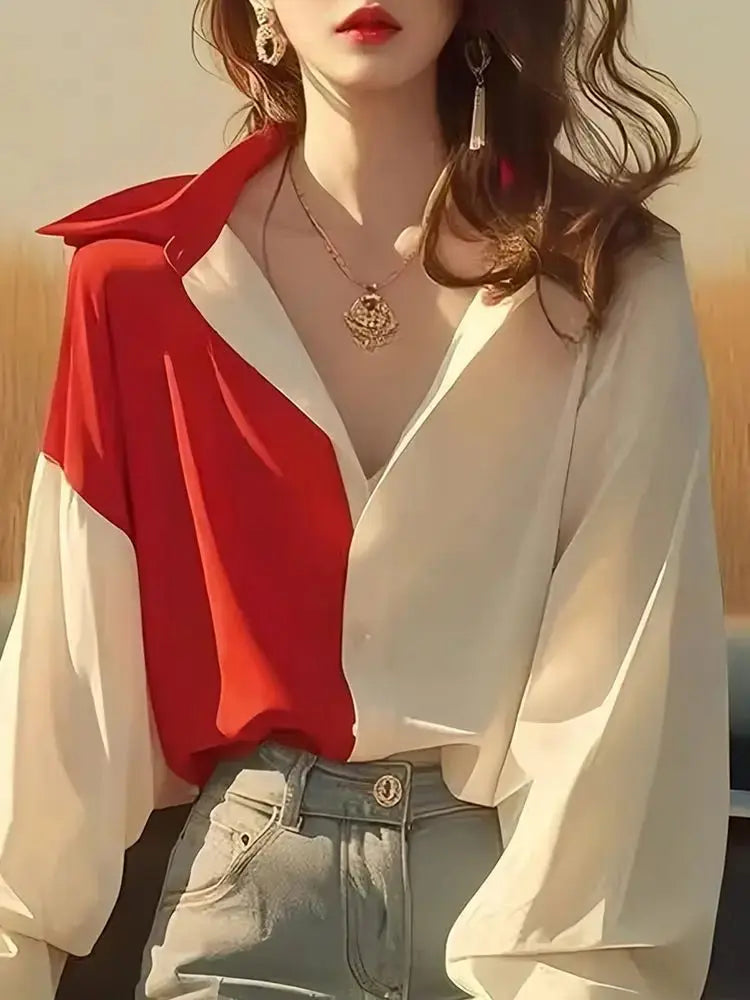 Red White Patchwork Shirts Long Sleeve - Trendy Contrast Design - Next Level