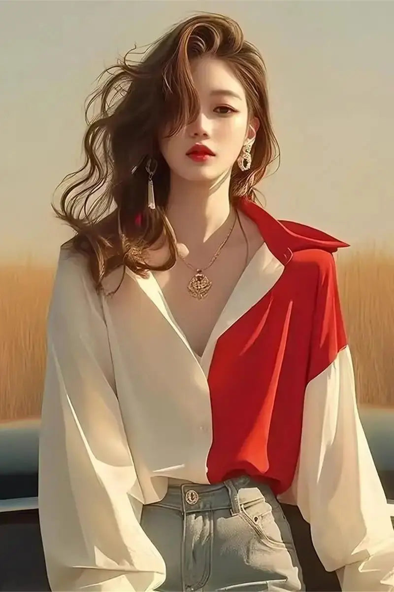 Red White Patchwork Shirts Long Sleeve - Trendy Contrast Design - Next Level