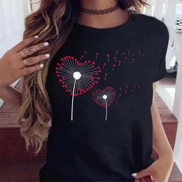 Women's Dandelion Pattern Top - New Round Neck Printed Style - Next Level