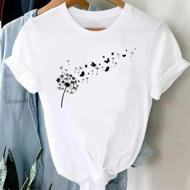 Women's Dandelion Pattern Top - New Round Neck Printed Style - Next Level