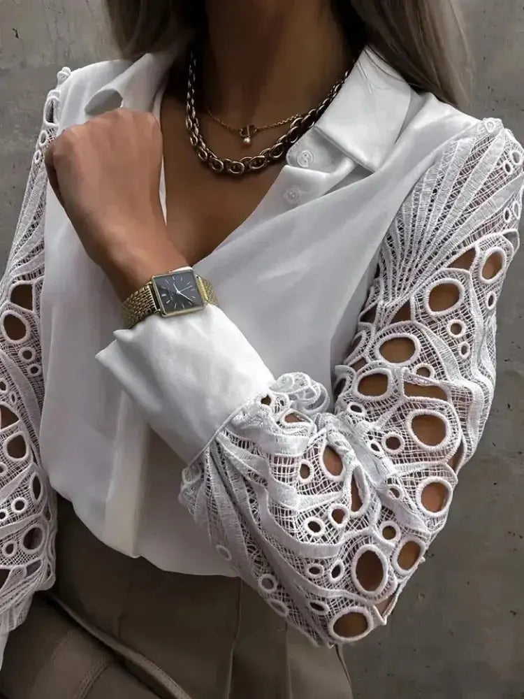 White Lace Hollow Out Blouse for Women - Sexy Autumn Style - Next Level