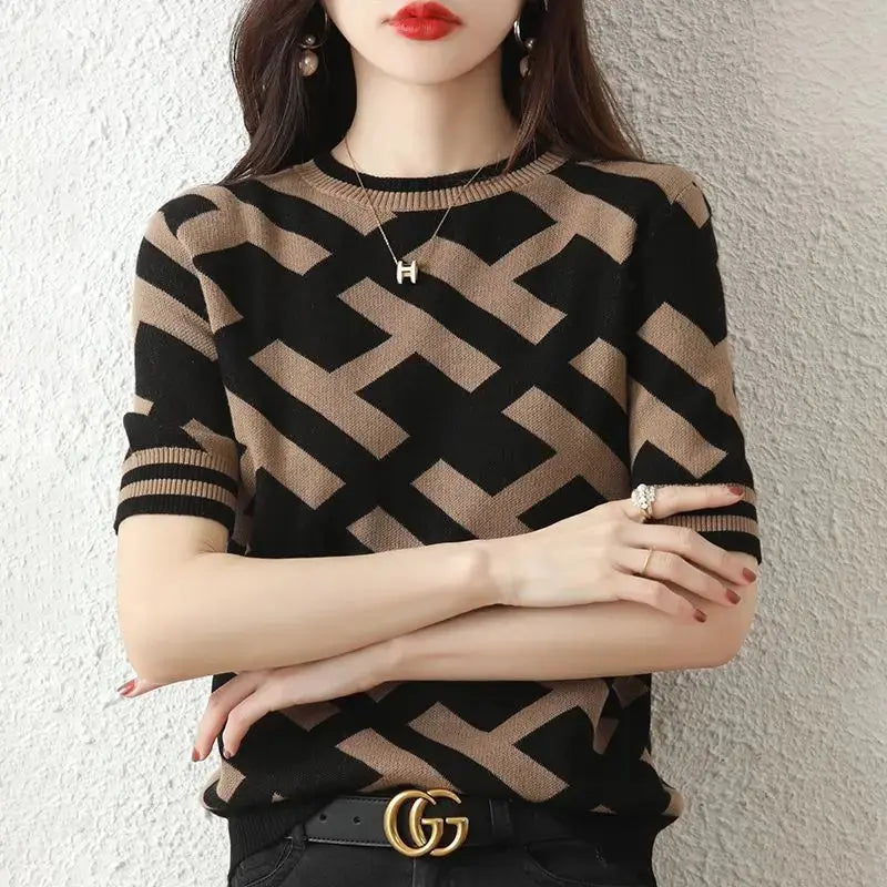 Spring Summer Knitted T-Shirt with Classical Letter Design - Next Level