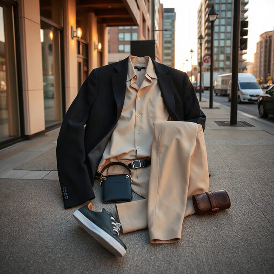 Stilvoll gestyltes Outfit mit Blazer, Hose und schlichten Sneakern vor moderner Stadtkulisse