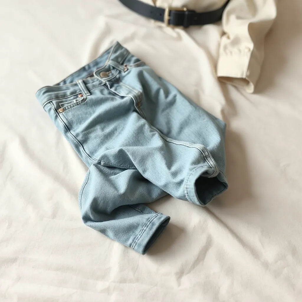 Leichte Stretch-Jeans mit sauberer Passform auf hellem Hintergrund, natürliche Stofffalten und weiches Tageslicht