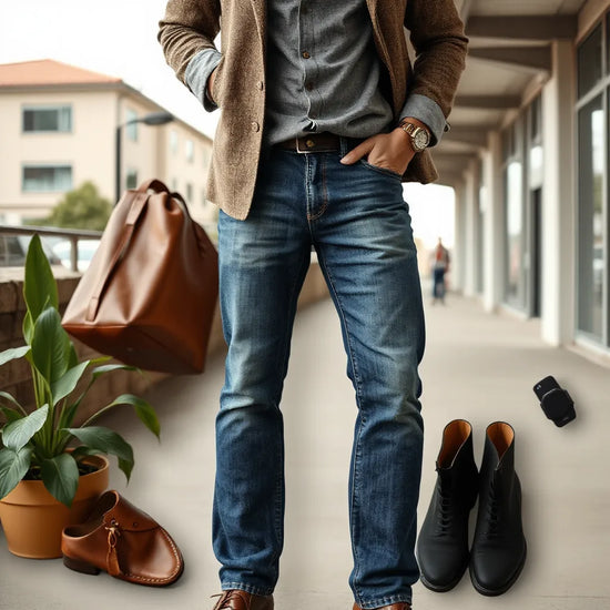 Stylisches Outfit mit Herrenjeans in moderner Passform, kombiniert mit schlichter Jacke in urbaner Umgebung