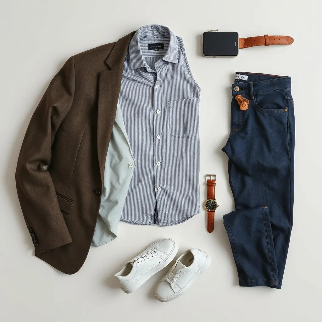Stilvolle Herrenbekleidung mit Blazer, Hemd, Jeans und Ledersneakern auf neutralem Hintergrund