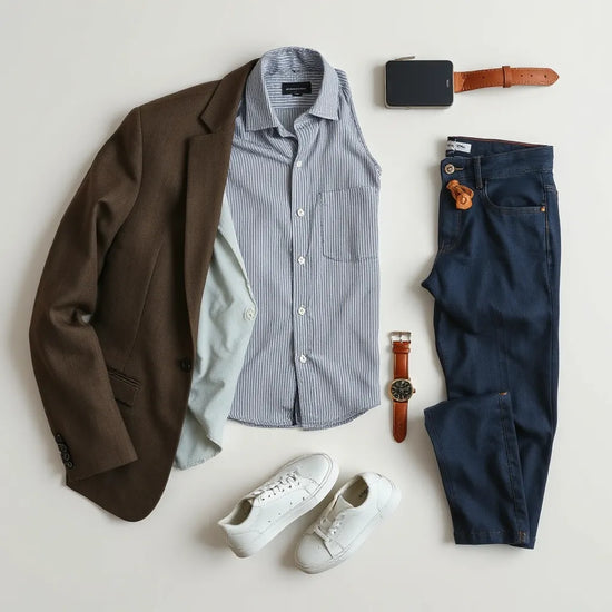 Stilvolle Herrenbekleidung mit Blazer, Hemd, Jeans und Ledersneakern auf neutralem Hintergrund
