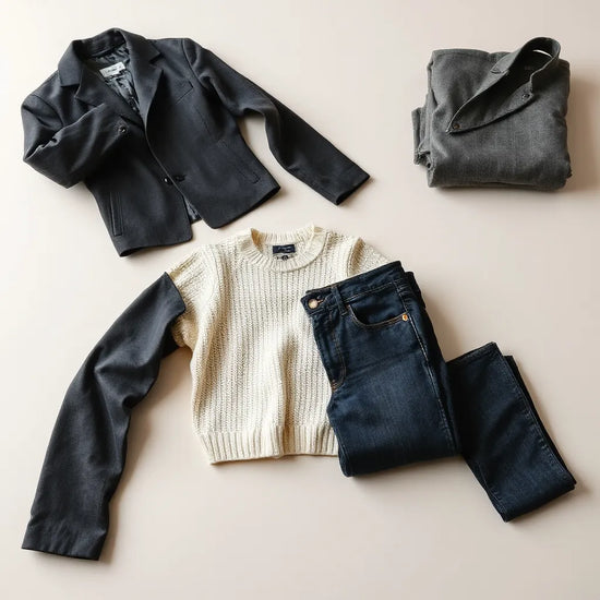 Schweres Mantel- und Strickdesign sowie Denim in neutralen Farben, mit erkennbarer Stoffstruktur