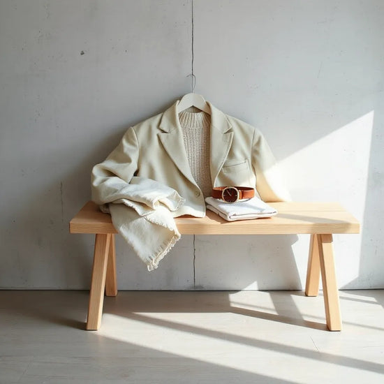 Neutrales Outfit auf heller Holzbank in modernem minimalistischen Interior mit klaren Linien