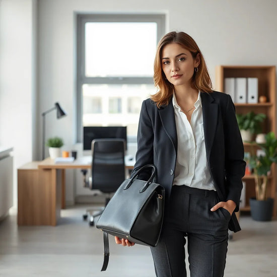 Stilvolle Frau in Business-Bekleidung im modernen Büro mit Blazer und passender Hose