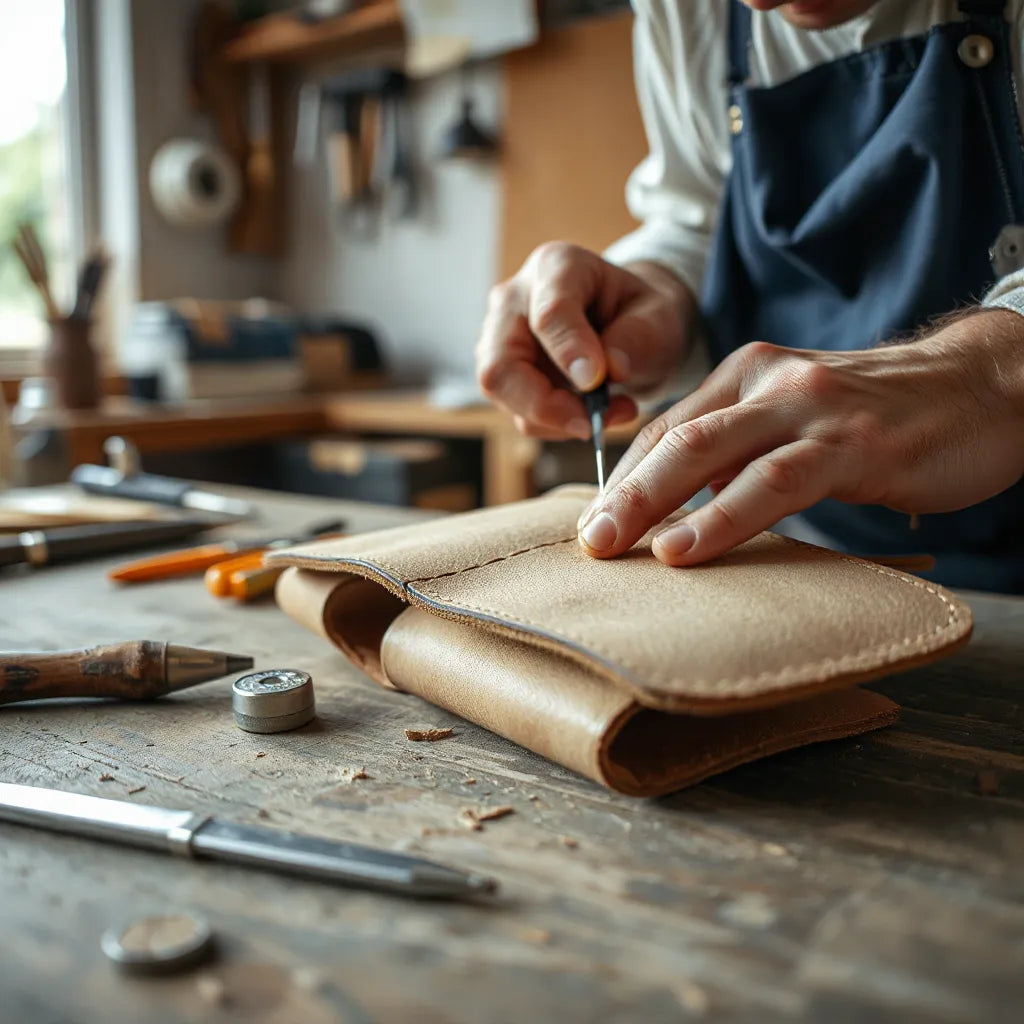 Hände eines Handwerkers beim präzisen Arbeiten an einer sorgfält verarbeiteten Leder- oder Holzoberfläche