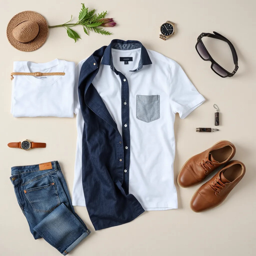 Neutrale Basics für Männer: T-Shirt, Hemd, Jeans, Gürtel und Schuhe auf hellem Hintergrund