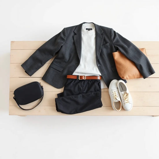 Neutrale Capsule-Wardrobe mit Blazer, Hemd, Strick, Hose und Sneakern im Tageslicht.