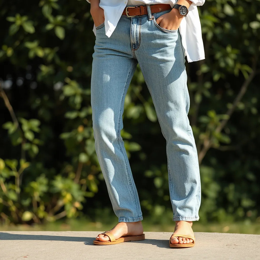 Leicht gewaschene Sommerjeans mit weißem Leinenhemd in entspannter Sommer-Outfit-Inszenierung