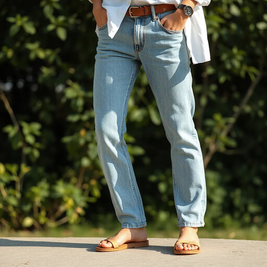 Leicht gewaschene Sommerjeans mit weißem Leinenhemd in entspannter Sommer-Outfit-Inszenierung
