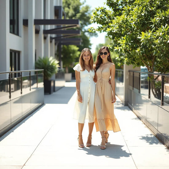 Zwei Frauen in luftigen Sommerkleidern auf einer sonnigen Terrasse, mit Accessoires und weichem Licht
