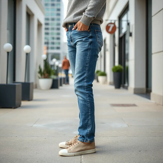 Person im entspannten Alltag-Look mit bequem sitzenden Jeans auf einer ruhigen Straße