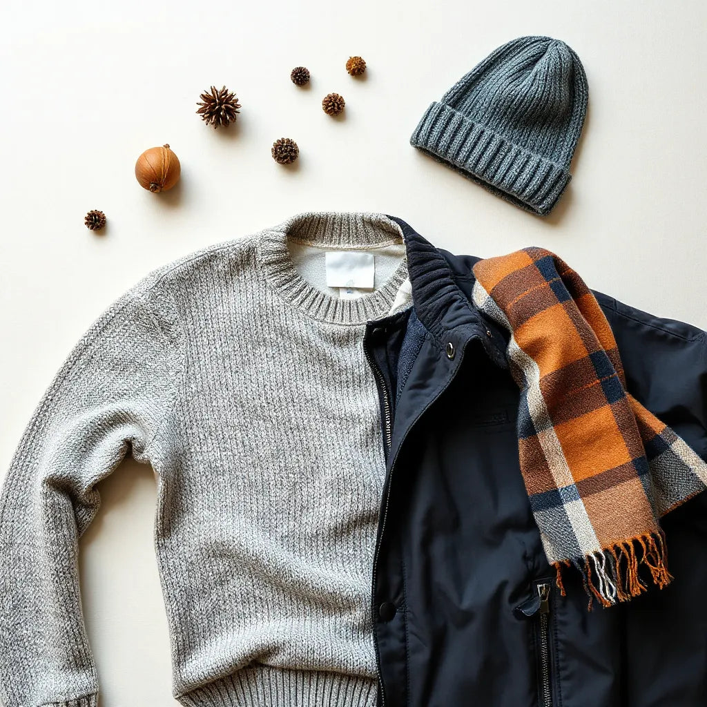 Winter-Layering aus Pullover, Hemd, Fleece und Jacke mit Schal und Mütze auf hellem Hintergrund