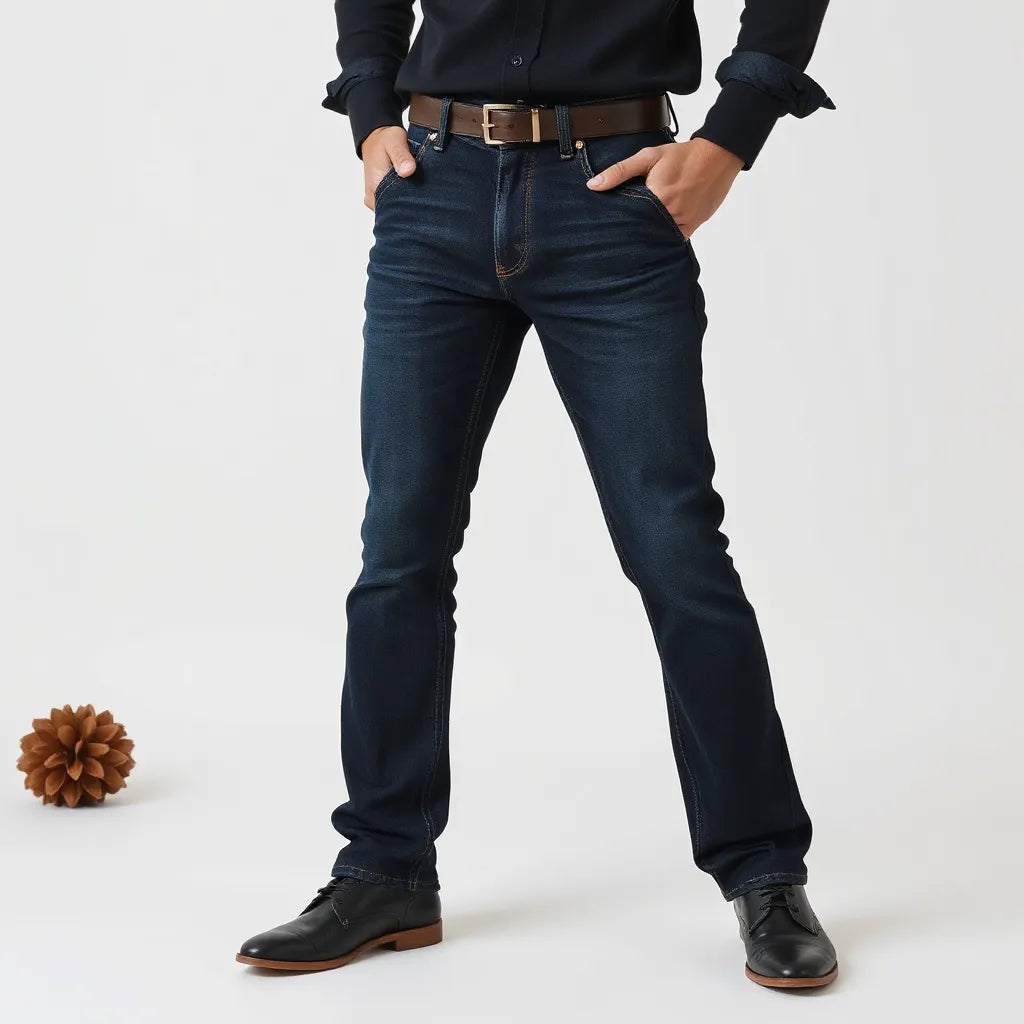 Person in dunkelblauen Slim-Fit-Jeans mit betonter Passform und sichtbarer Stoffstruktur vor neutralem Hintergrund