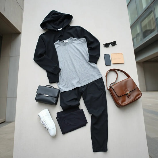 Minimalist streetwear outfit with hoodie, t-shirt, jeans, sneakers, and a simple crossbody bag