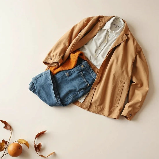 Moderne Jeans in hellem Denim neben leichter Jacke und neutralem Oberteil auf ruhigem Hintergrund