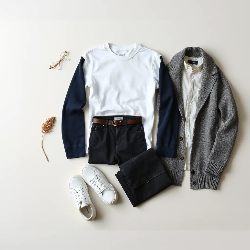Neutrales Flat-Lay: hochwertige T-Shirts, Chinos und Lederaccessoires für Herrenoutfits