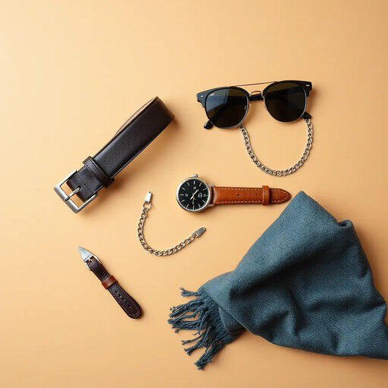 Gürtel, Uhr, Kette und Sonnenbrille auf neutralem Hintergrund für einen gepflegten Männer-Look