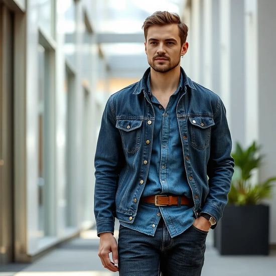 Mann im Denim-Outfit mit Jacke, Hemd und Jeans in modernem, hellem Setting