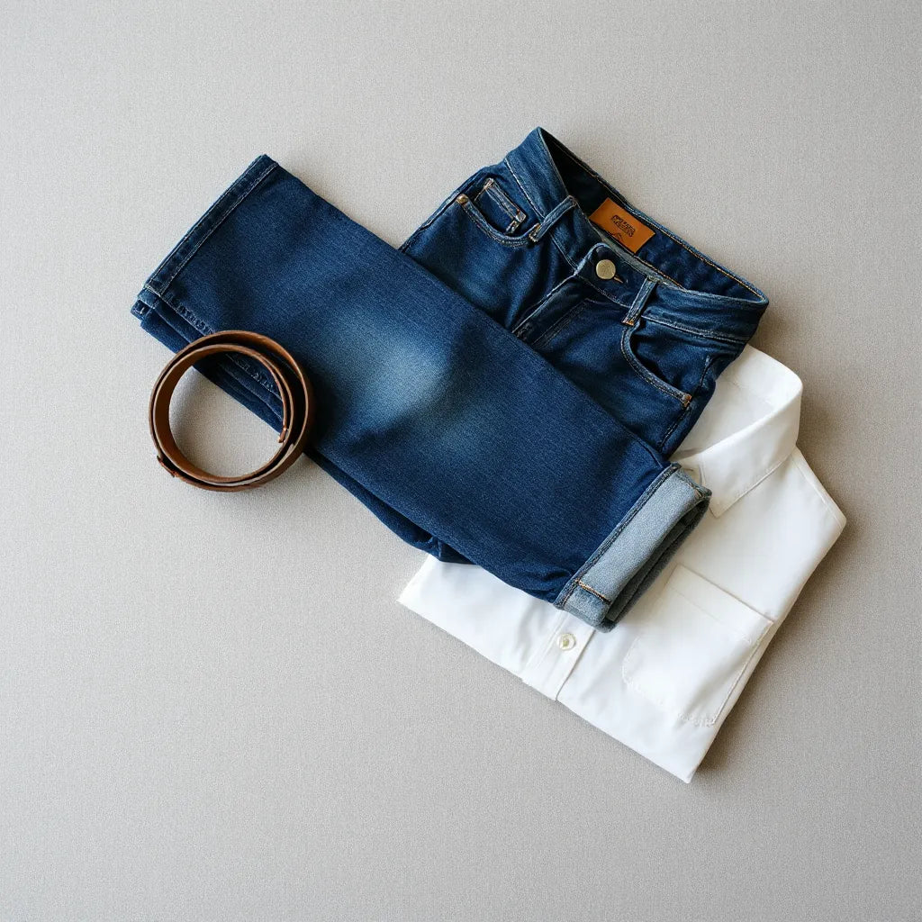 Denim Jeans für Herren auf hellem Untergrund, mit Gürtel und Hemd als Styling-Set