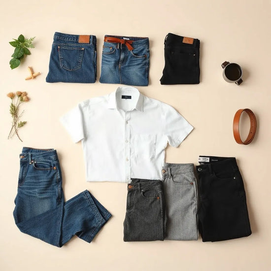 Mehrere Herren-Jeans in verschiedenen Farben neben einem weißen Hemd und Gürtel auf neutralem Hintergrund