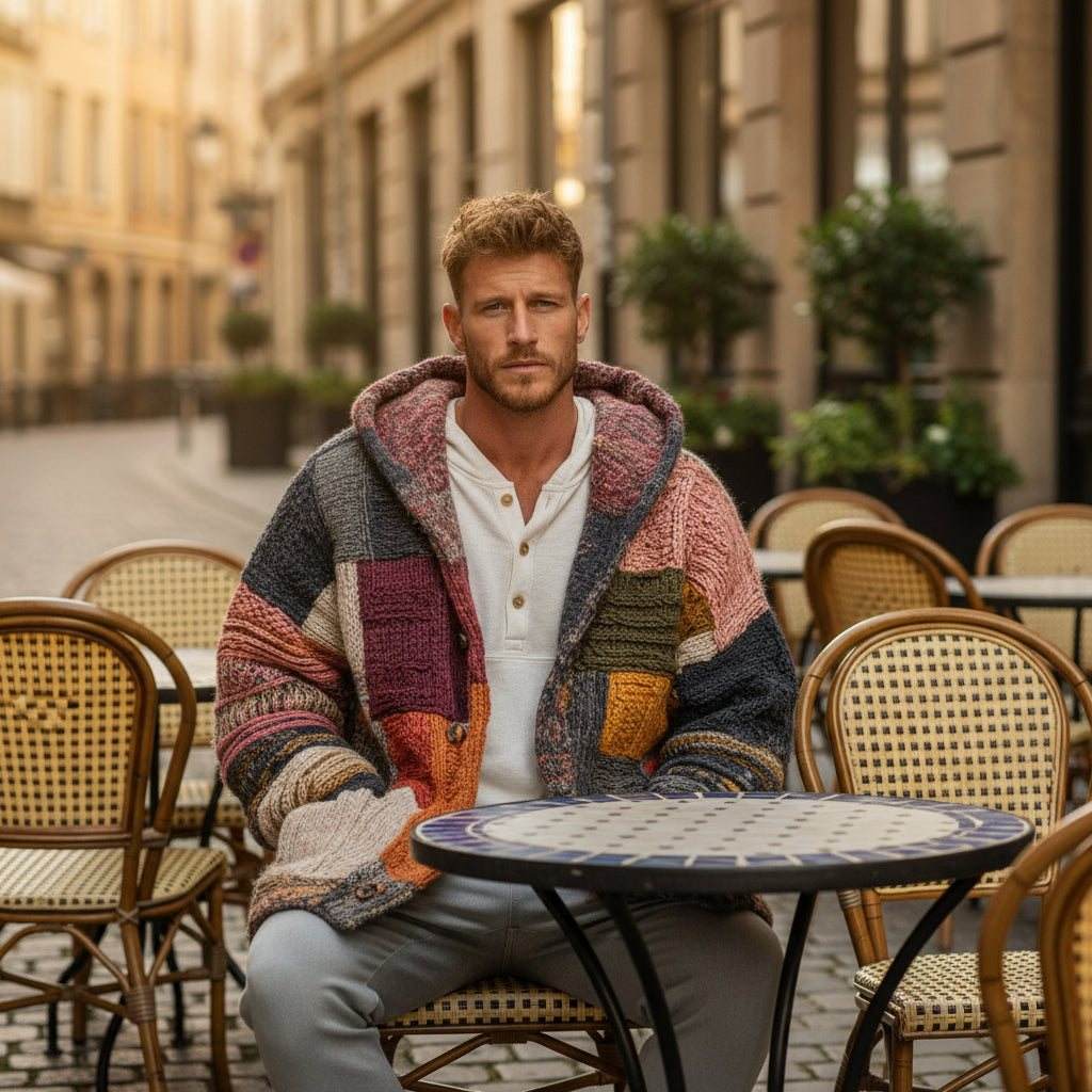Mann trägt gestreifte Herren Cardigan Jacke British Style mit Reißverschluss im lässigen Look