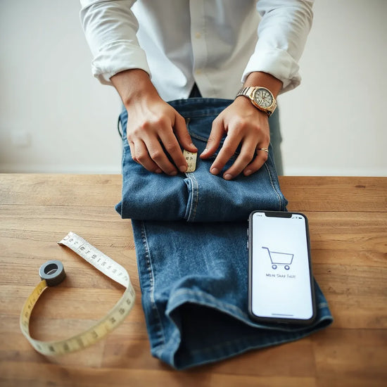 Faltende Herrenjeans auf einem Tisch mit Maßband, bereit zum passenden Größencheck und Styling