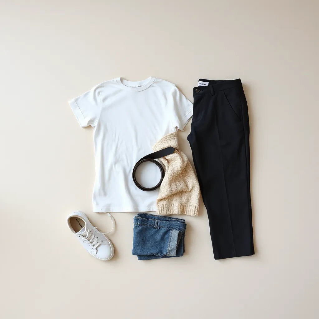 Schlichte Outfit-Basics in modernen Farben: T-Shirt, Hose, Sneaker und eine leichte Stricklage