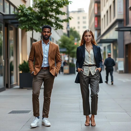 Mann und Frau in modernen, stilvollen Outfits vor einer urbanen Kulisse