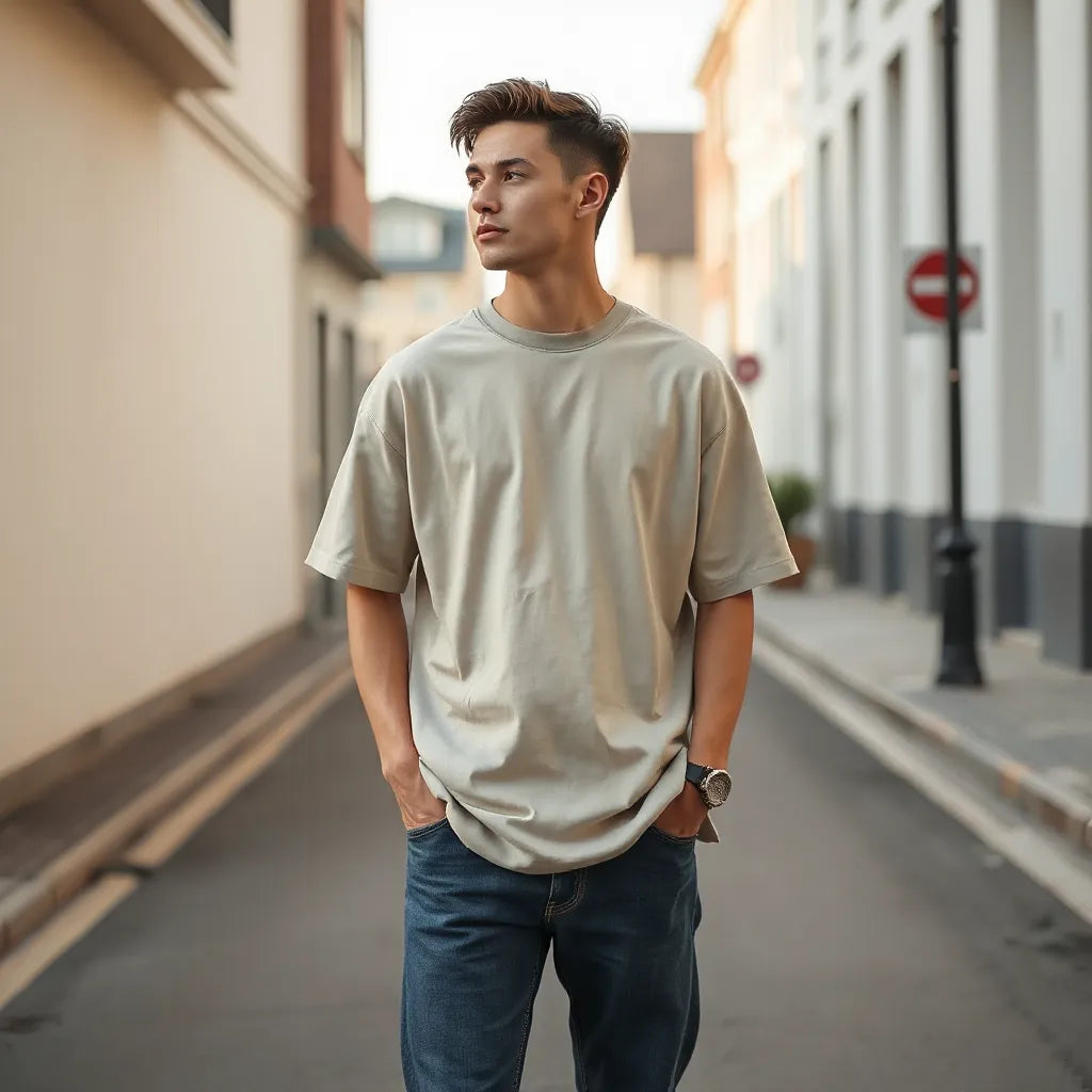 Man wearing an oversized men’s tee with relaxed drape, styled with jeans and sneakers in soft daylight.