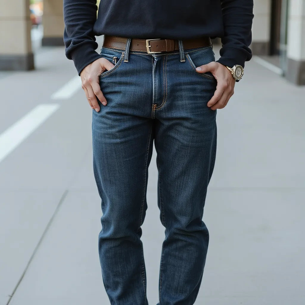 Mann in bequemen Alltagsjeans mit entspannter Passform und natürlicher Haltung im Tageslicht
