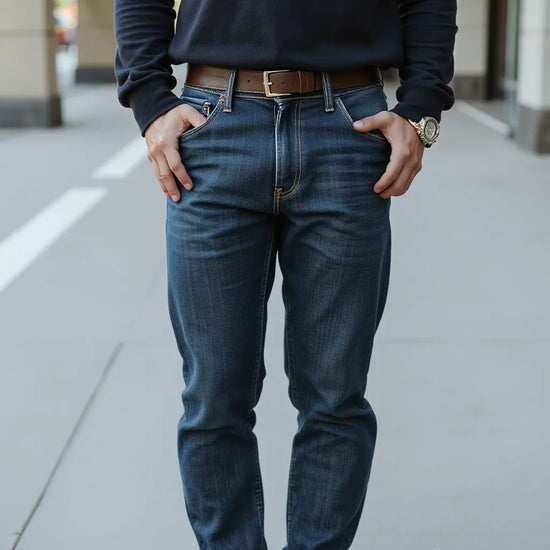 Mann in bequemen Alltagsjeans mit entspannter Passform und natürlicher Haltung im Tageslicht