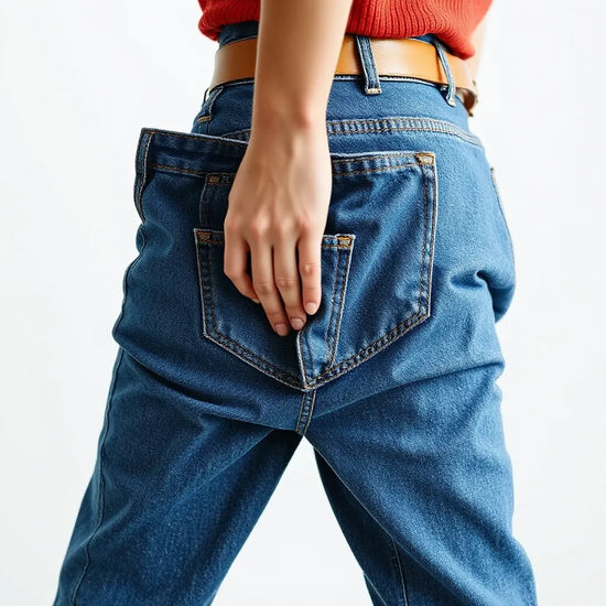 Person hält blaue Denim-Jeans und zeigt Bund sowie sichtbare Nähte bei natürlichem Licht