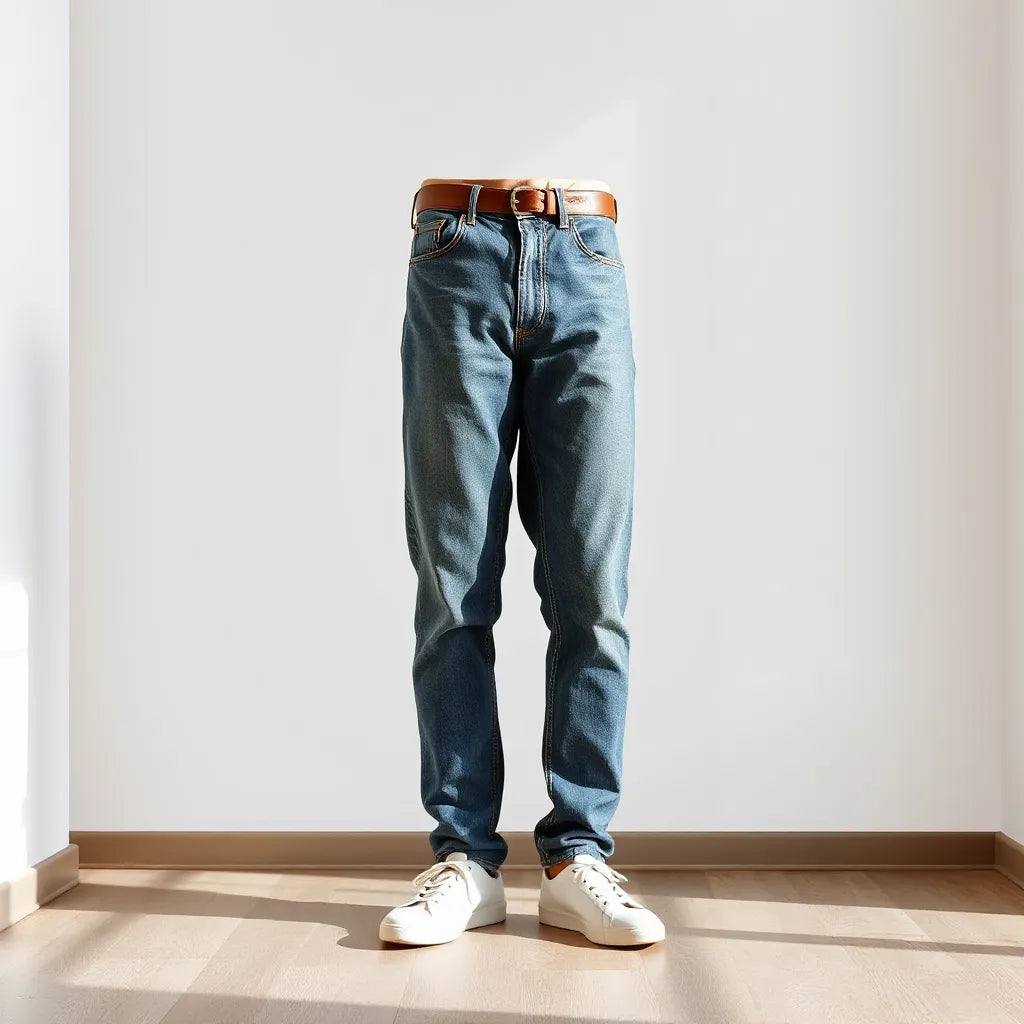 Männliche Person in stilvoll sitzenden Jeans mit sichtbarer Naht und sauberem, schlichtem Outfit im hellen Raum