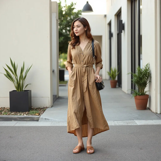 Lässig gestyltes Kleid mit Gürtel, kleinen Accessoires und bequemen Schuhen in ruhiger, heller Umgebung