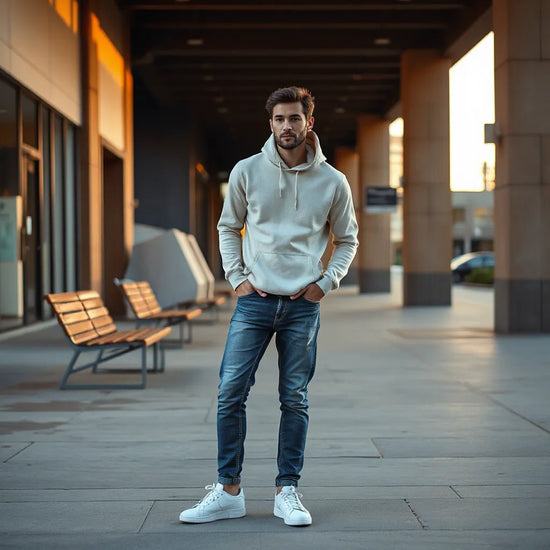 Mann in neutralem Herren Hoodie mit Jeans und Sneakern im urbanen Setting bei warmem Licht