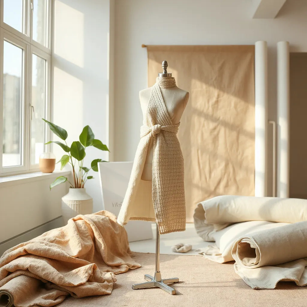 Mannequin in modernem Designstudio mit innovativem Stoff und Materialmuster, neutral beleuchtet