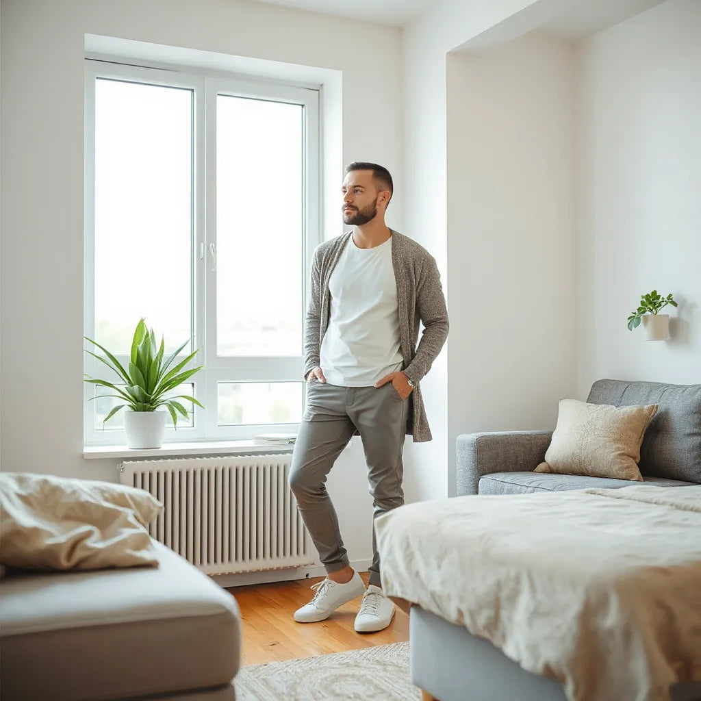 Mann in entspannter Alltagskleidung mit weichen Stoffen und bequemer Passform in hellem Wohnraum