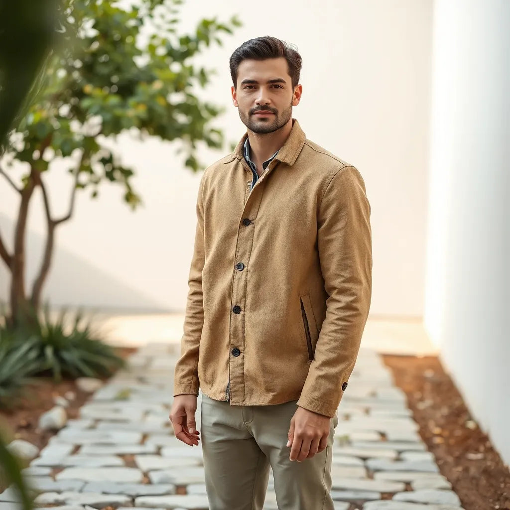 Mann in einer nachhaltig wirkenden Herrenjacke mit natürlicher Stofftextur im klaren Außenbereich