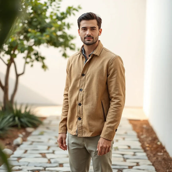 Mann in einer nachhaltig wirkenden Herrenjacke mit natürlicher Stofftextur im klaren Außenbereich
