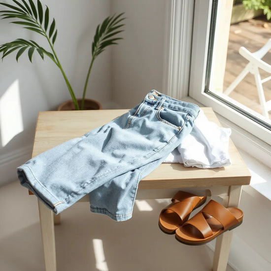Hellblaue Jeans auf einer Holzbank neben einem weißen Shirt und Sandalen bei Sommerlicht