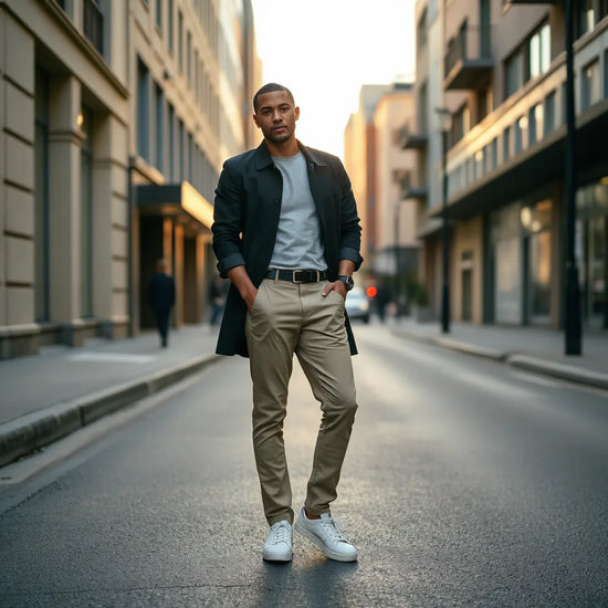 Person in neutralen, klar geschnittenen Urban-Outfit auf einer modernen Straße