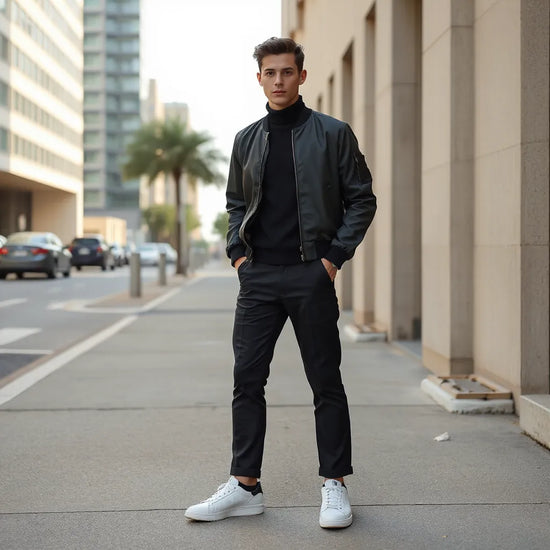 Model im minimalistischen Stadtbild mit edler Streetwear-Kombination aus Bomberjacke, Strick und Sneakern