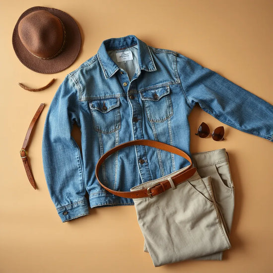 Vintage-Outfit mit Jeansjacke, Ledergürtel und Hose vor neutralem Hintergrund mit sichtbaren Materialdetails